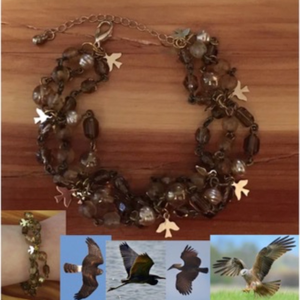 Handmade Gold Bird Beaded Bracelet made from Amber Vintage Beads